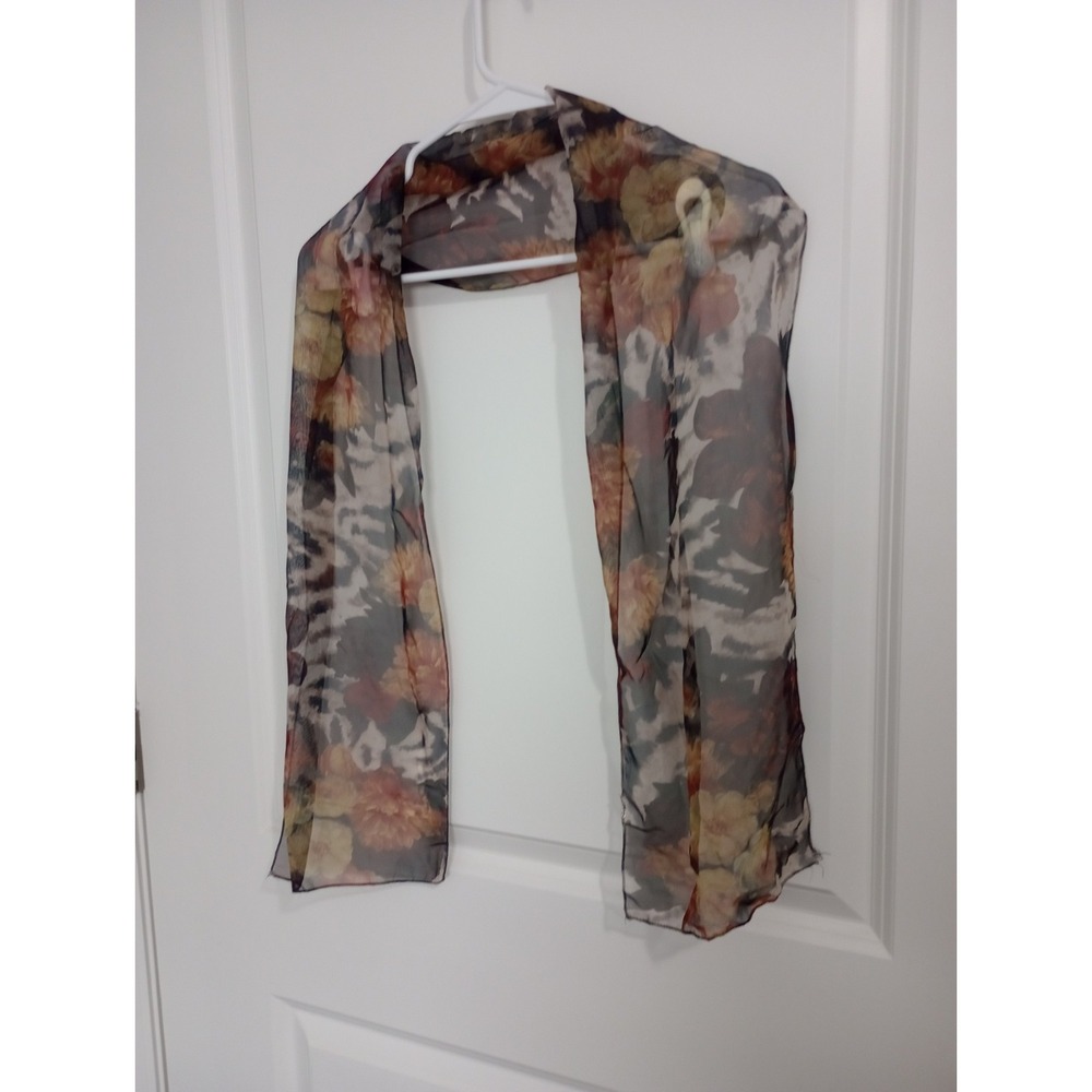 Sheer Floral Chiffon Skinny Scarf 9x56 |‎ Gray & Rose Abstract Flower Print